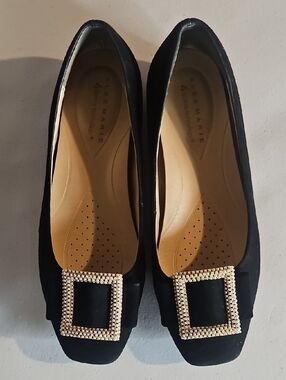 Alex Marie Black Suede Flats with Gold Crystal Square Buckles